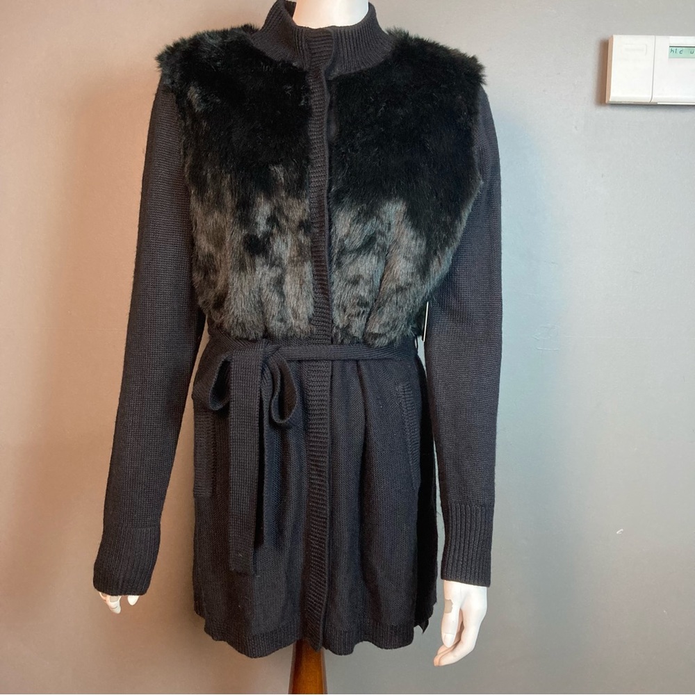 NWT T Tahari faux fur belted cardigan black wool blend large